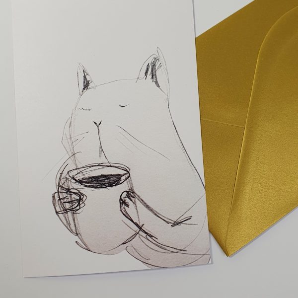 Postkaart kass kohviga ja kõrvaehted