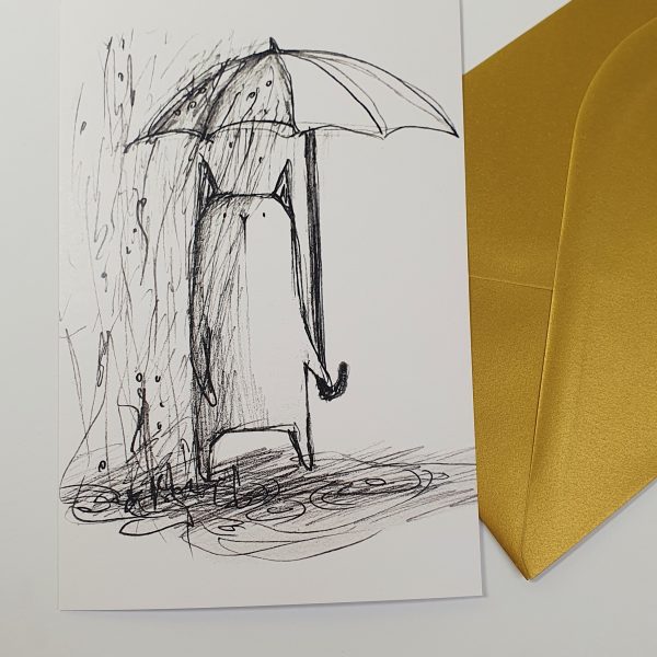 Postkaart ja rinnamärk vihmakassiga