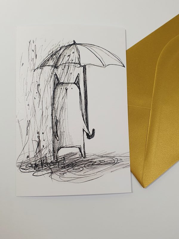 Postkaart ja rinnamärk vihmakassiga